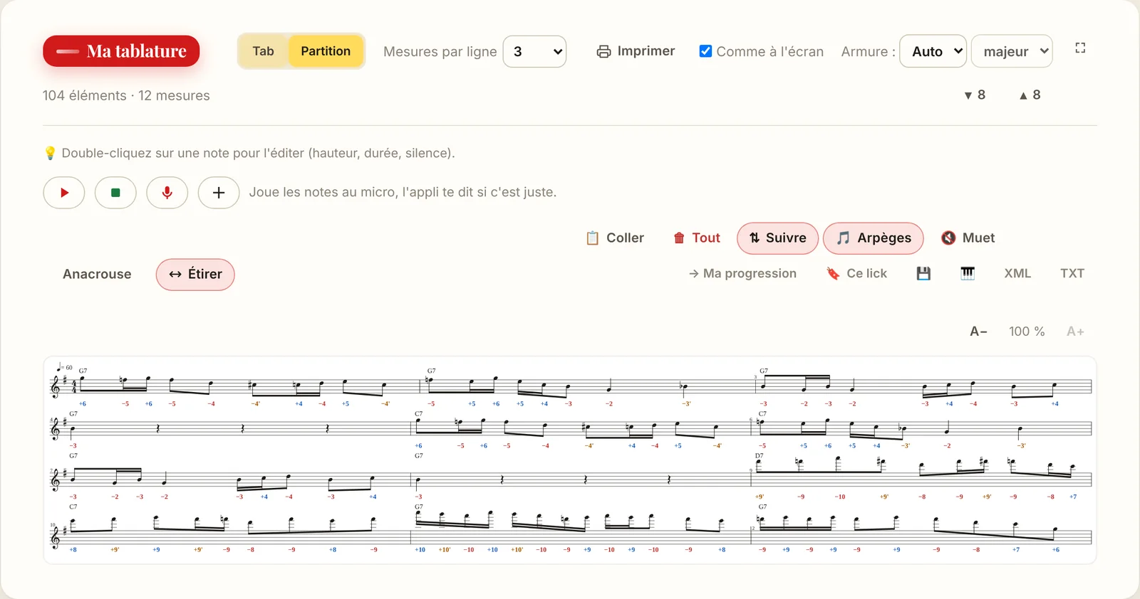Ma tablature en vue Partition : mesures par ligne, armure, impression